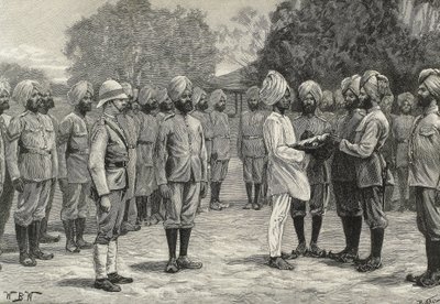 イギリス（19世紀）。植民地化。インドビルマの新連隊新兵に宣誓する。エングレーヴィング。個人蔵 作： Artist Unknown