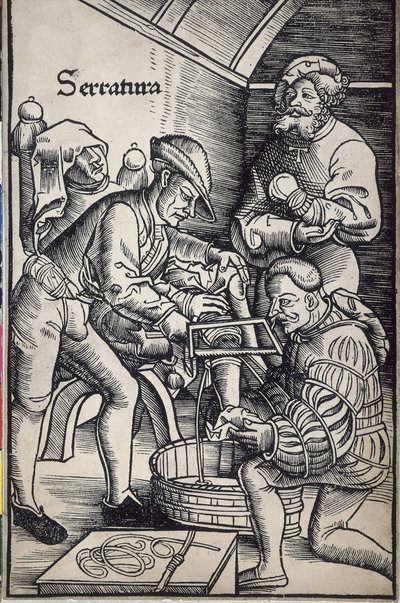 ゲルスドルフ，ハンス・フォン（1455 - 1529）。ドイツの外科医。脚の切断。ハンス・ヴェヒトリンによる "Feldtbuch der Wundartzney"（外科学の野戦書）のための木版画。 作： Artist Unknown