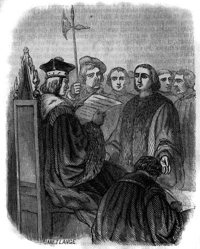 1451年に不正行為で逮捕され、獄門に処され、財産を没収されたフランスの実業家ジャック・クールの判決。 作： Artist Unknown