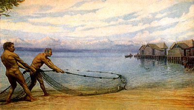 湖で釣りをする人々、先史時代の人（プリント） 作： Artist Unknown