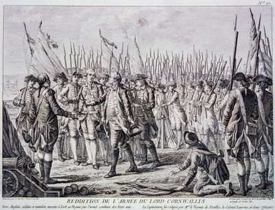 コルウォリス卿、ヨークタウンでイギリス軍を降伏させる（エングレーヴィング） 作： Artist Unknown