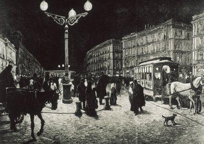 マドリード（1878年）。電灯で照らされたプエルタ・デル・ソル。ペリセールが "La Ilsutracion Espanola y Americana "のために描いた絵。エッチング。 作： Artist Unknown