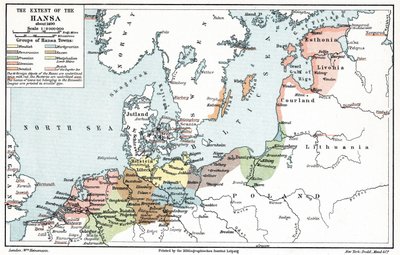 1400年頃のハンザ同盟の範囲地図（印刷物） 作： アーティスト不明