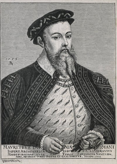 モーリス・オブ・ザクセン（1521-1553）。ザクセン公（1541-47）、後に選帝侯（1547-53）。1539年からプロテスタント。ルーカス・クラナッハの絵画に基づく肖像画。エングレーヴィング 作： Artist Unknown