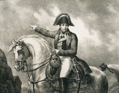 ナポレオン1世ボナパルト（1769-1821）。フランスの軍人、政治家、フランス皇帝（1804-1815）。ジョゼフ・シャボールによるオリジナルの肖像画をモチーフにしたナポレオンの騎馬像の詳細。エングレーヴィング 作： Artist Unknown