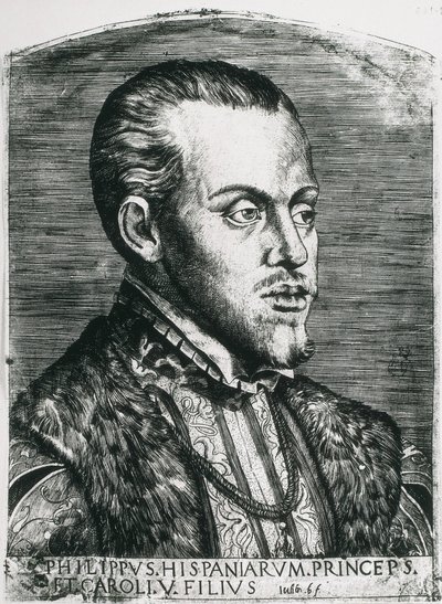 スペイン王フィリップ2世（1527-1598）。スペイン王（1556-1598）、ポルトガル王（1580-1598）。フィリップ王子の肖像。キシログラフィ。 作： Artist Unknown