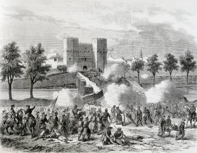 スペイン（1868年）。栄光の革命バレンシアのセランス門における政府軍の攻撃。イラストレーション』からのエングレーヴィング。ジョリナル・ユニバーサル』より。エッチング 作： Artist Unknown