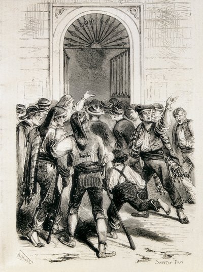 スペイン（1873年）。第一共和制の宣言とバルセロナ市庁舎の襲撃（1873年2月11日）。エッチング。 作： Artist Unknown