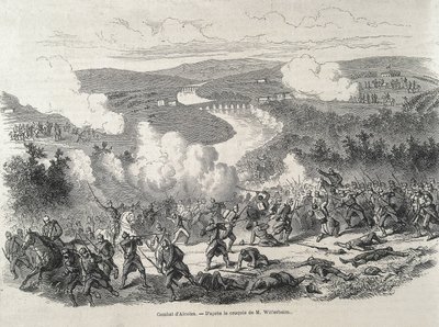 スペイン1868年の革命。イサベル2世の失脚に至ったアルコレアの戦い（9月20日）。エングレーヴィング 作： Artist Unknown