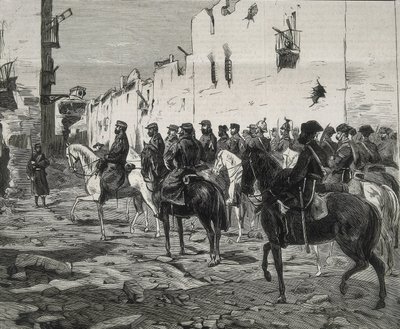 スペイン第一共和制（1873-1874）。カルタヘナのカントンカルタヘナ降伏後のホセ・ロペス・ドミンゲス将軍。La Ilustracion Espanola y Americana "に掲載された画像。エッチング。 作： Artist Unknown