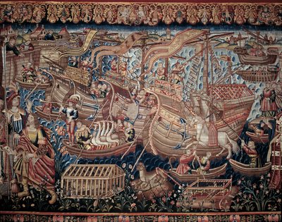 ポルトガルの航海者ヴァスコ・デ・ガマ（1459-1524）は1498年にインドのカリカットに到着した、詳細、タペストリー 作： Artist Unknown