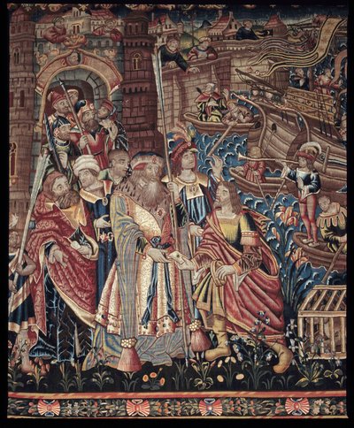 ポルトガルの航海者ヴァスコ・デ・ガマ（1459-1524）は1498年にインドのカリカットに到着した、詳細、タペストリー 作： Artist Unknown
