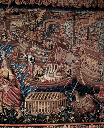 ポルトガルの航海者ヴァスコ・デ・ガマ（1459-1524）は1498年にインドのカリカットに到着した、詳細、タペストリー 作： Artist Unknown