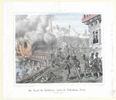 1848年10月、ローテントゥルム堡塁近くのノートブルッケの炎上 作： Artist Unknown