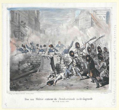 1848年10月28日、K.K.軍がイェーゲルツァイルのシュテルンバリックを襲撃する。 作： Artist Unknown