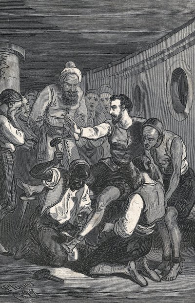 1580年、トリニダードのフレイ・フアン・ギルとフレイ・アントン・デ・ラ・ベラが、アルジェの捕虜となっていたセルバンテスを解放した（エングレーヴィング）。 作： Artist Unknown