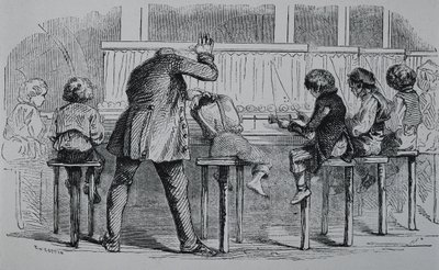 イギリスENGLAND.産業革命。織物工場で機械を使う子供たち。彫刻. 作： Artist Unknown