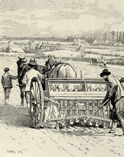 イギリスENGLAND.産業革命。ジェスロ・タルが発明した掘削機。2月の大麦の播種。The Illustrated London News』に掲載されたガニング・キングの絵。エングレーヴィング。 作： Artist Unknown