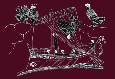 船乗りたちの船を引き寄せようとするユリシーズと人魚たち。ユリシーズは船のマットにくっつき、仲間の耳に口をつける。花瓶に描かれた絵からのデッサン。 作： アーティスト不明