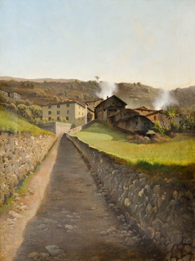 道路と家々のある村、85年頃（キャンバスに油彩） 作： Arturo Faldi