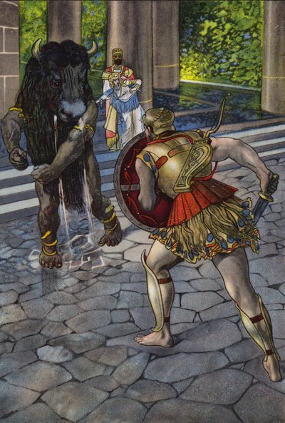 ミノタウロスと対峙するヘラクレス（カラーリトグラフ 作： Artus Scheiner