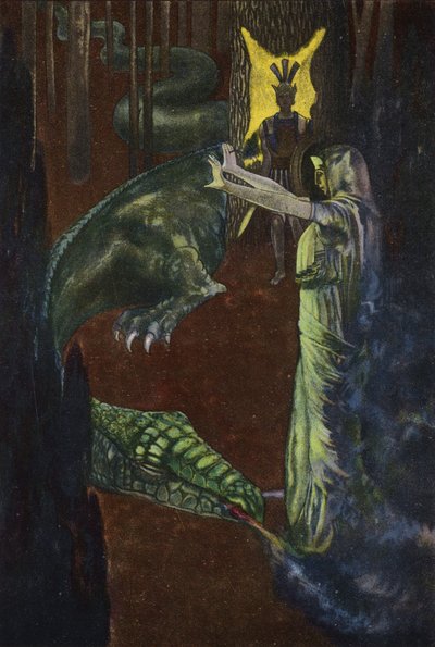 黄金のフリースを守っているドラゴンをメデアが寝かせるのを見ているジェイソン（カラーリトグラフ 作： Artus Scheiner