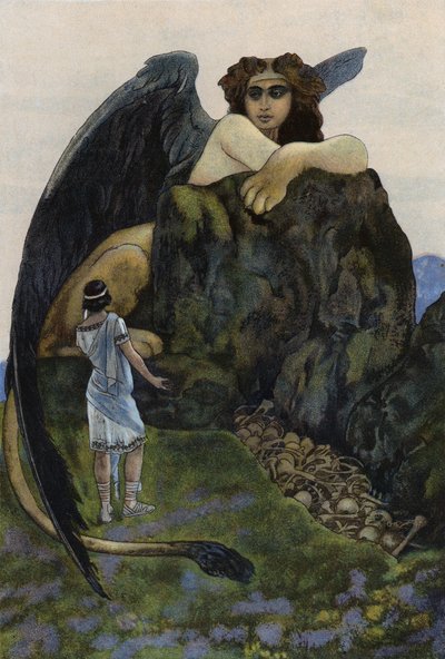 オイディプスとスフィンクス（カラーリトグラフ 作： Artus Scheiner