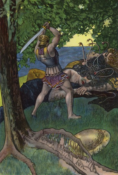 メデューサの頭を切り落とすペルセウス（カラーリトグラフ 作： Artus Scheiner