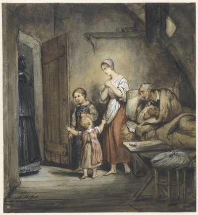 女性と 2 人の子供と一緒にベッドで病気の男性が彼の隣に 作： Ary Scheffer