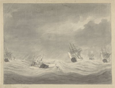 1782 年 10 月 19 日、北海でグラーフ ヴァン ウェルダーレン船長が指揮するデ ユニ号の沈没 作： Ary van Wanum