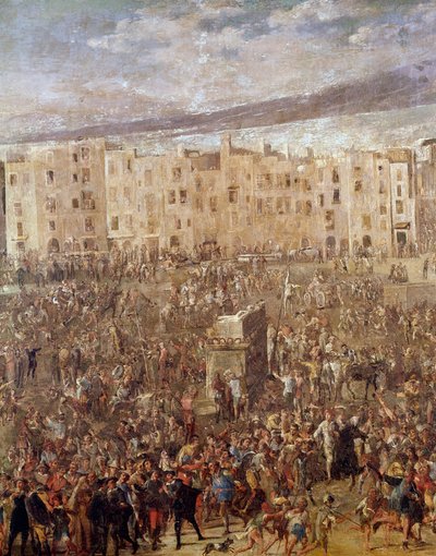 マサニエッロ革命当時のナポリのマルケ広場 アスカニオ・ルチアーニ（約1621～1706年）の絵画 ナポリ、サンマルティーノ国立博物館 作： Ascanio Luciani