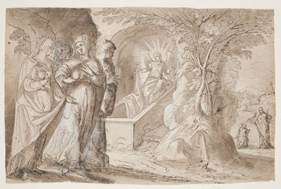 キリストの墓にいる 3 人のマリア、背景に「Domine quo vadis」 作： Ascanio Spineda
