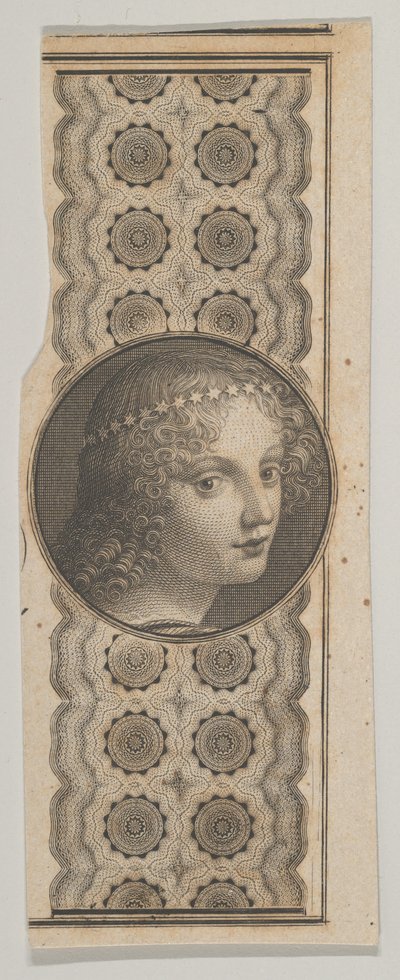 パターンに対してレオナルド・ダ・ヴィンチに由来する少女の頭を持つ紙幣モチーフ., ca. 1824-37。 作： Asher Brown Durand.