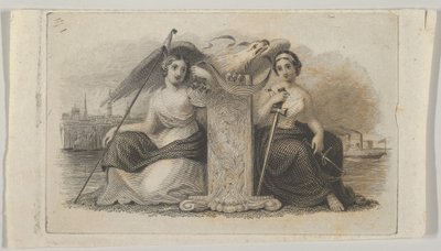 自由と正義を象徴する女性像が描かれた紙幣のビネット。 1824-37。 作： Asher Brown Durand.