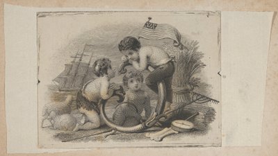 羊飼い、農夫、船乗りとしての 3 つのプッティが描かれた紙幣のビネット。 1824-37。 作： Asher Brown Durand.