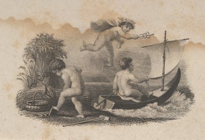 貿易と農業を象徴する 3 つのプッチが描かれた紙幣のビネット。 1824-37。 作： Asher Brown Durand.