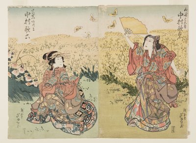 俳優 三代目中村歌右衛門役 山崎与五郎?(右）、初代中村嘉六の藤屋東（左）（カラー木版画 作： Ashiyuki Gigado