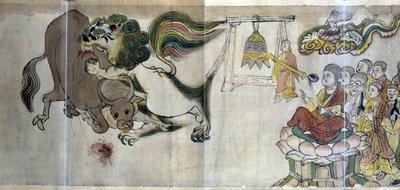 異端者に対するサリプトラの勝利。賢いサリプトラは、異端の魔術師が光らせた雄牛を子鹿が食い荒らすという神童を獅子に見せて、仏教の優越性を証明します。 作： Asian School