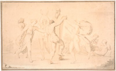 リアチャンネル。 プリアプシェルメの周りで踊るサテュロス、1 頭の雌鹿、3 頭の雌鹿 作： Asmus Jacob Carstens