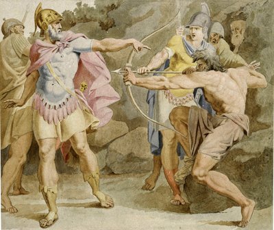 フィロクテテスはヘラクレスの弓でユリシーズを狙う - アスムス・ジェイコブ・カルステンス (1754-1798) 作、紙にインクと水彩 (49.5x58.5 cm) 作： Asmus Jacob Carstens