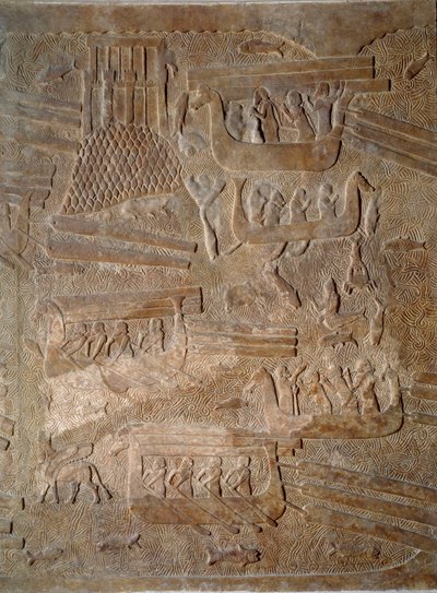 美術 メソポタミア（アッシリア）：アッシリア王サルゴン2世（紀元前721年～705年）の宮殿の中庭 レバノン産の杉材を輸送。パリ、ルーヴル美術館（Musee Du Louvre 作： Assyrian