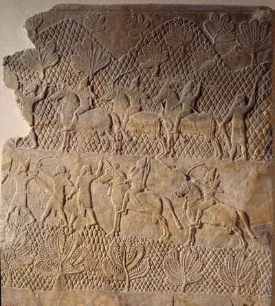 古代の東洋美術：戦闘シーン。アッシリア、アッスルバニパル宮殿の低浮き彫り（前7世紀）。パリ、ルーヴル美術館（Musee Du Louvre 作： Assyrian