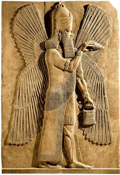 翼のある魔神。アッシリア王サルゴン2世の宮殿からのレリーフの詳細、紀元前722〜705年 作： Assyrian