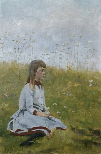 花の草原の少女、1885年頃（キャンバスに油彩） 作： Asta Nørregaard