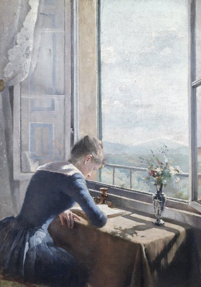 開いた窓辺で読書する女性 作： Asta Nørregaard