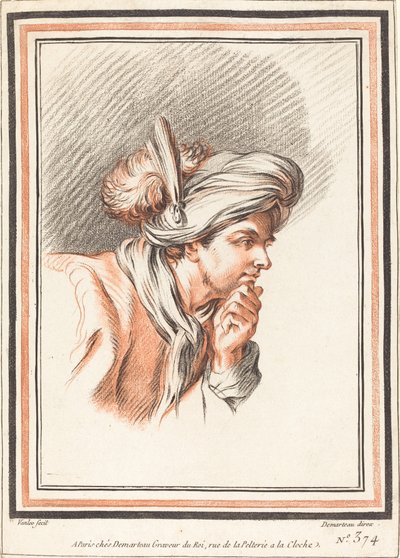 羽毛ターバンを巻いた男性の頭部 作： Atelier of Gilles Demarteau the Elder after Carle Van Loo
