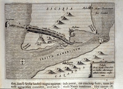 シチリア島メッシーナのデトロイトにおけるカリブデとスキュラの地図表現」 イエズス会、東洋学研究者、学者のアタナシウス・キルヒャー（1601-1680）による『Mundus Subterraneus』のエングレーヴィング 1682年 作： Athanasius Kircher