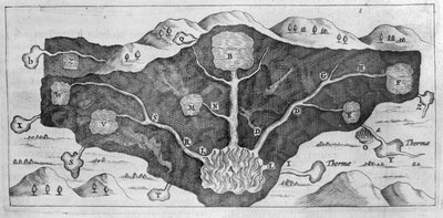 アタナシウス・キルヒャーが温泉の起源を示した地殻の断面図 作： Athanasius Kircher