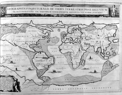 大洪水後の世界の地理図、1675年 作： Athanasius Kircher