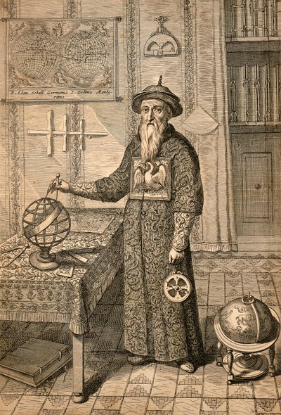 イエズス会のヨハン・アダム・シャル・フォン・ベル（1591-1666）は、フェルディナンド・ヴェルビーストの前任者であり、南京の明朝宮廷の天文学者であったが、マンダリンの衣装を身につけている。 作： Athanasius Kircher